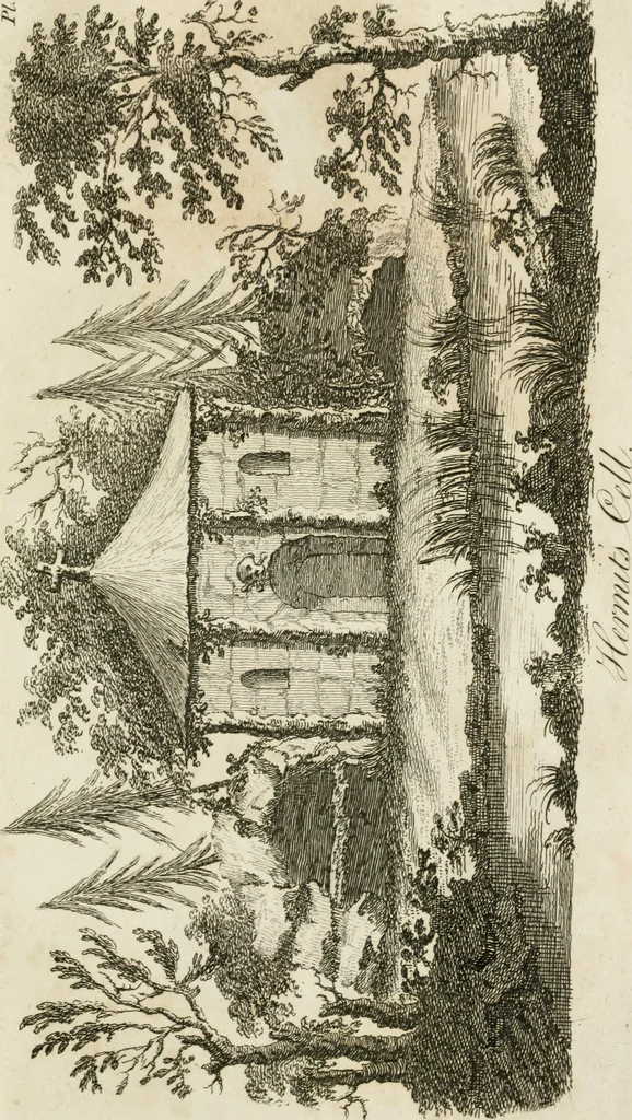 An illustration from Grotesque architecture, or, Rural amusement : consisting of plans, elevations, and sections, for huts, retreats, summer and winter hermitages, terminaries, Chinese, Gothic, and natural grottos, cascades, baths, mosques, Moresque pavilions, grotesque and rustic seats, green-houses, &c. many of which may be executed with flints, irregular sotnes, rude branches, and roots of trees : the whole containing twenty-eight new designs, with scales to each : to which is added, an explanation, with the methods of executing them, 1815, leaf 16