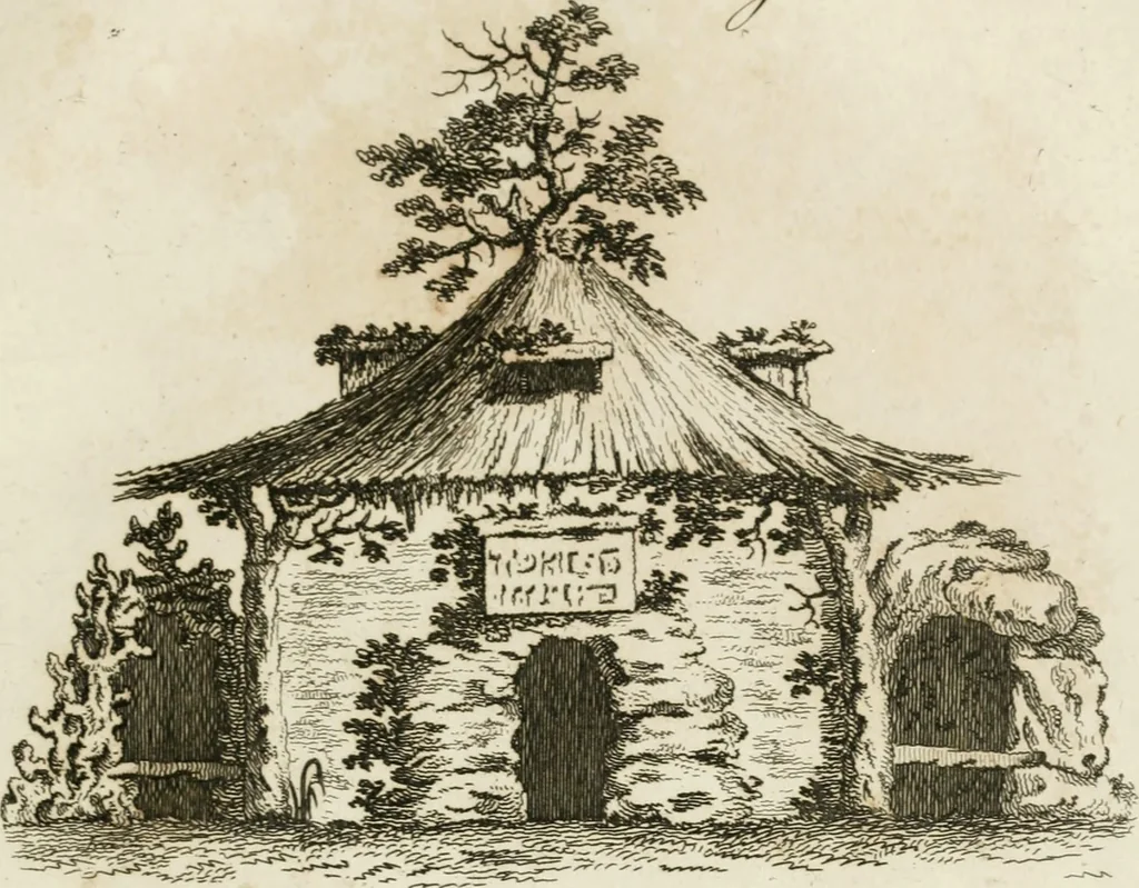 An illustration from Grotesque architecture, or, Rural amusement : consisting of plans, elevations, and sections, for huts, retreats, summer and winter hermitages, terminaries, Chinese, Gothic, and natural grottos, cascades, baths, mosques, Moresque pavilions, grotesque and rustic seats, green-houses, &c. many of which may be executed with flints, irregular sotnes, rude branches, and roots of trees : the whole containing twenty-eight new designs, with scales to each : to which is added, an explanation, with the methods of executing them, 1815, leaf 18
