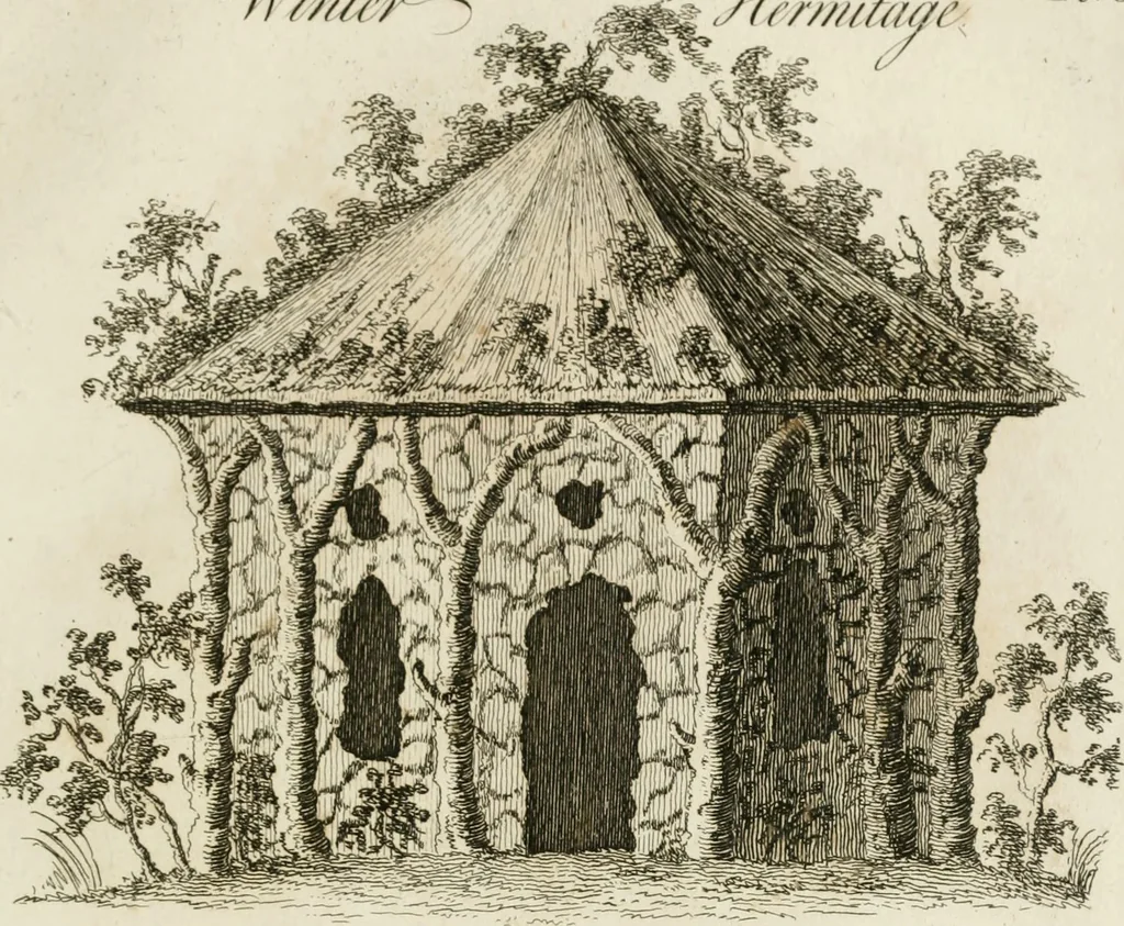 An illustration from Grotesque architecture, or, Rural amusement : consisting of plans, elevations, and sections, for huts, retreats, summer and winter hermitages, terminaries, Chinese, Gothic, and natural grottos, cascades, baths, mosques, Moresque pavilions, grotesque and rustic seats, green-houses, &c. many of which may be executed with flints, irregular sotnes, rude branches, and roots of trees : the whole containing twenty-eight new designs, with scales to each : to which is added, an explanation, with the methods of executing them, 1815, leaf 20