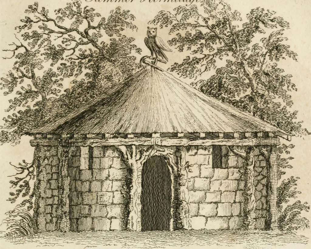 An illustration from Grotesque architecture, or, Rural amusement : consisting of plans, elevations, and sections, for huts, retreats, summer and winter hermitages, terminaries, Chinese, Gothic, and natural grottos, cascades, baths, mosques, Moresque pavilions, grotesque and rustic seats, green-houses, &c. many of which may be executed with flints, irregular sotnes, rude branches, and roots of trees : the whole containing twenty-eight new designs, with scales to each : to which is added, an explanation, with the methods of executing them, 1815, leaf 22