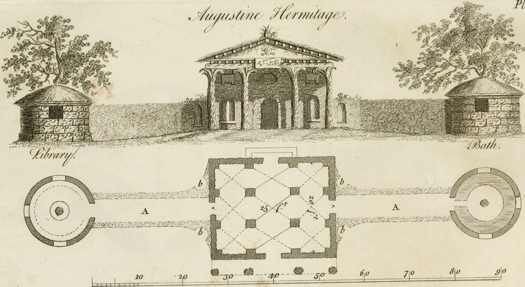 An illustration from Grotesque architecture, or, Rural amusement : consisting of plans, elevations, and sections, for huts, retreats, summer and winter hermitages, terminaries, Chinese, Gothic, and natural grottos, cascades, baths, mosques, Moresque pavilions, grotesque and rustic seats, green-houses, &c. many of which may be executed with flints, irregular sotnes, rude branches, and roots of trees : the whole containing twenty-eight new designs, with scales to each : to which is added, an explanation, with the methods of executing them, 1815, leaf 24