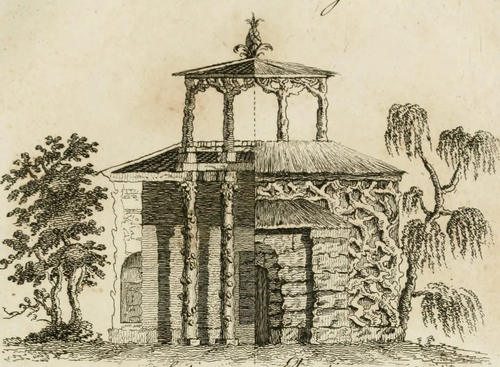 An illustration from Grotesque architecture, or, Rural amusement : consisting of plans, elevations, and sections, for huts, retreats, summer and winter hermitages, terminaries, Chinese, Gothic, and natural grottos, cascades, baths, mosques, Moresque pavilions, grotesque and rustic seats, green-houses, &c. many of which may be executed with flints, irregular sotnes, rude branches, and roots of trees : the whole containing twenty-eight new designs, with scales to each : to which is added, an explanation, with the methods of executing them, 1815, leaf 26