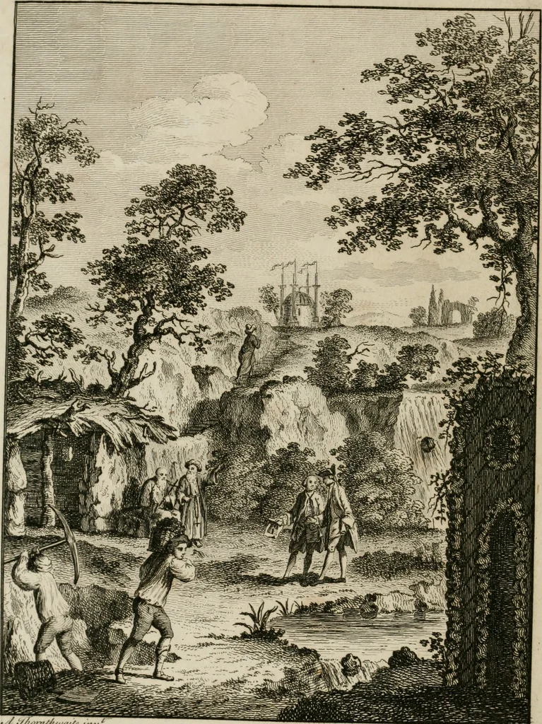 An illustration from Grotesque architecture, or, Rural amusement : consisting of plans, elevations, and sections, for huts, retreats, summer and winter hermitages, terminaries, Chinese, Gothic, and natural grottos, cascades, baths, mosques, Moresque pavilions, grotesque and rustic seats, green-houses, &c. many of which may be executed with flints, irregular sotnes, rude branches, and roots of trees : the whole containing twenty-eight new designs, with scales to each : to which is added, an explanation, with the methods of executing them, 1815, leaf 3