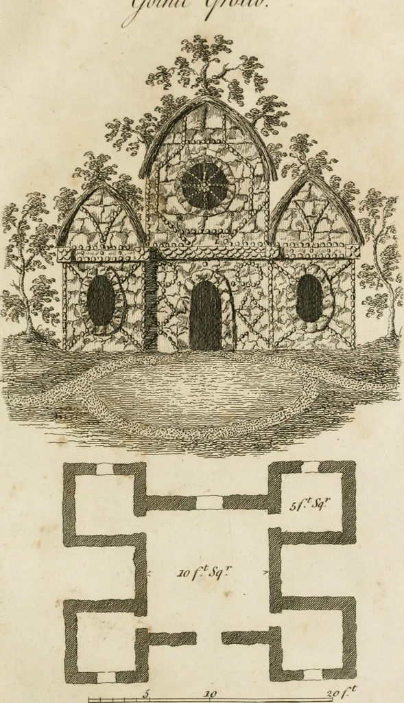 An illustration from Grotesque architecture, or, Rural amusement : consisting of plans, elevations, and sections, for huts, retreats, summer and winter hermitages, terminaries, Chinese, Gothic, and natural grottos, cascades, baths, mosques, Moresque pavilions, grotesque and rustic seats, green-houses, &c. many of which may be executed with flints, irregular sotnes, rude branches, and roots of trees : the whole containing twenty-eight new designs, with scales to each : to which is added, an explanation, with the methods of executing them, 1815, leaf 30