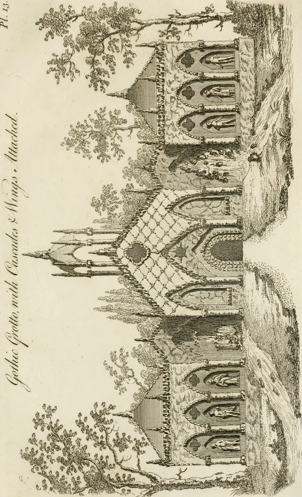 An illustration from Grotesque architecture, or, Rural amusement : consisting of plans, elevations, and sections, for huts, retreats, summer and winter hermitages, terminaries, Chinese, Gothic, and natural grottos, cascades, baths, mosques, Moresque pavilions, grotesque and rustic seats, green-houses, &c. many of which may be executed with flints, irregular sotnes, rude branches, and roots of trees : the whole containing twenty-eight new designs, with scales to each : to which is added, an explanation, with the methods of executing them, 1815, leaf 36