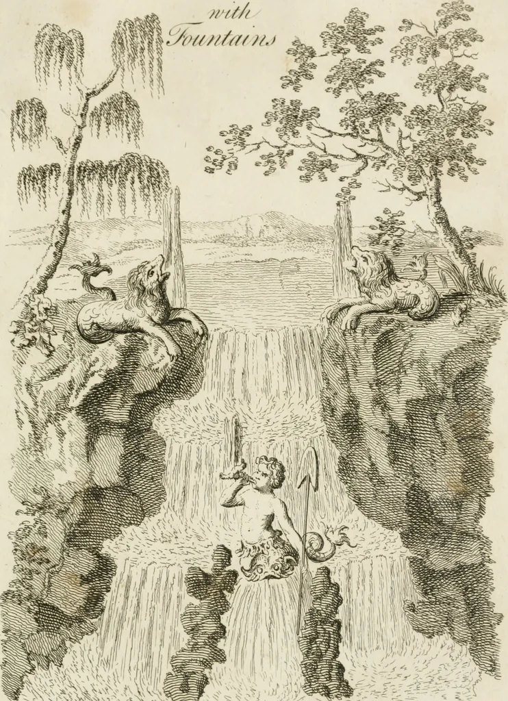 An illustration from Grotesque architecture, or, Rural amusement : consisting of plans, elevations, and sections, for huts, retreats, summer and winter hermitages, terminaries, Chinese, Gothic, and natural grottos, cascades, baths, mosques, Moresque pavilions, grotesque and rustic seats, green-houses, &c. many of which may be executed with flints, irregular sotnes, rude branches, and roots of trees : the whole containing twenty-eight new designs, with scales to each : to which is added, an explanation, with the methods of executing them, 1815, leaf 40