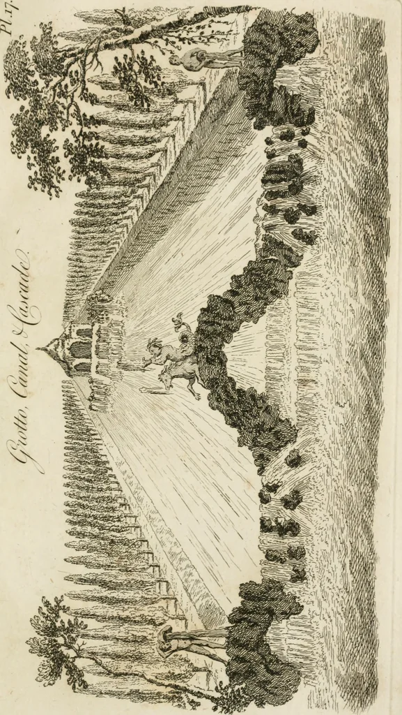 An illustration from Grotesque architecture, or, Rural amusement : consisting of plans, elevations, and sections, for huts, retreats, summer and winter hermitages, terminaries, Chinese, Gothic, and natural grottos, cascades, baths, mosques, Moresque pavilions, grotesque and rustic seats, green-houses, &c. many of which may be executed with flints, irregular sotnes, rude branches, and roots of trees : the whole containing twenty-eight new designs, with scales to each : to which is added, an explanation, with the methods of executing them, 1815, leaf 44