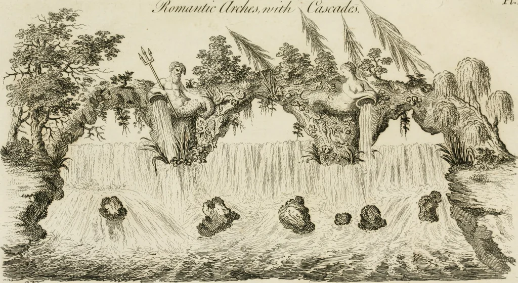 An illustration from Grotesque architecture, or, Rural amusement : consisting of plans, elevations, and sections, for huts, retreats, summer and winter hermitages, terminaries, Chinese, Gothic, and natural grottos, cascades, baths, mosques, Moresque pavilions, grotesque and rustic seats, green-houses, &c. many of which may be executed with flints, irregular sotnes, rude branches, and roots of trees : the whole containing twenty-eight new designs, with scales to each : to which is added, an explanation, with the methods of executing them, 1815, leaf 46