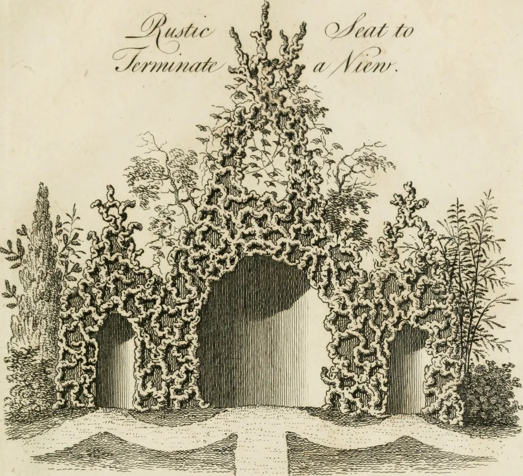 An illustration from Grotesque architecture, or, Rural amusement : consisting of plans, elevations, and sections, for huts, retreats, summer and winter hermitages, terminaries, Chinese, Gothic, and natural grottos, cascades, baths, mosques, Moresque pavilions, grotesque and rustic seats, green-houses, &c. many of which may be executed with flints, irregular sotnes, rude branches, and roots of trees : the whole containing twenty-eight new designs, with scales to each : to which is added, an explanation, with the methods of executing them, 1815, leaf 48
