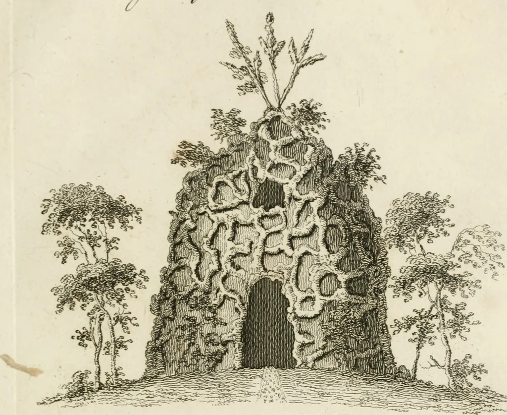 An illustration from Grotesque architecture, or, Rural amusement : consisting of plans, elevations, and sections, for huts, retreats, summer and winter hermitages, terminaries, Chinese, Gothic, and natural grottos, cascades, baths, mosques, Moresque pavilions, grotesque and rustic seats, green-houses, &c. many of which may be executed with flints, irregular sotnes, rude branches, and roots of trees : the whole containing twenty-eight new designs, with scales to each : to which is added, an explanation, with the methods of executing them, 1815, leaf 50