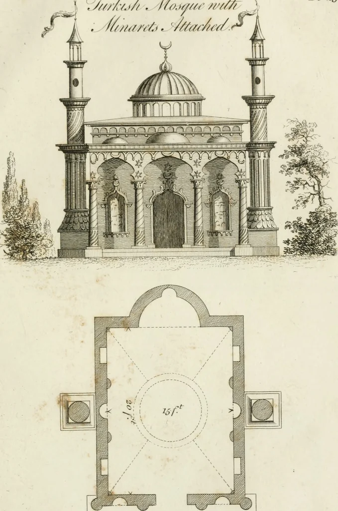 An illustration from Grotesque architecture, or, Rural amusement : consisting of plans, elevations, and sections, for huts, retreats, summer and winter hermitages, terminaries, Chinese, Gothic, and natural grottos, cascades, baths, mosques, Moresque pavilions, grotesque and rustic seats, green-houses, &c. many of which may be executed with flints, irregular sotnes, rude branches, and roots of trees : the whole containing twenty-eight new designs, with scales to each : to which is added, an explanation, with the methods of executing them, 1815, leaf 56
