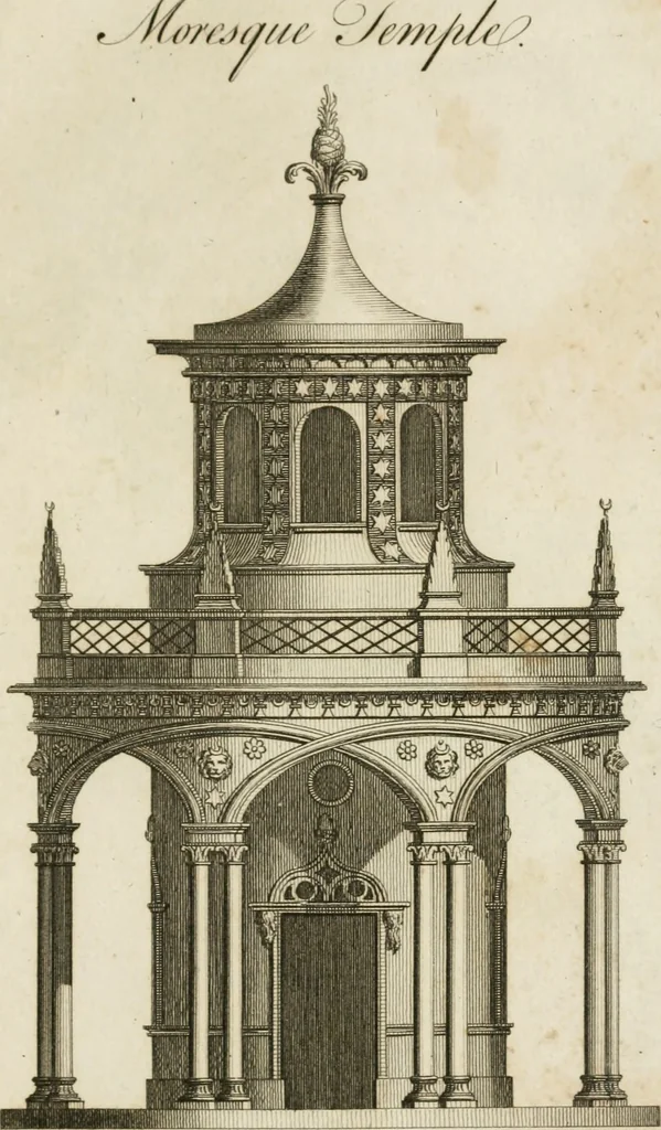 An illustration from Grotesque architecture, or, Rural amusement : consisting of plans, elevations, and sections, for huts, retreats, summer and winter hermitages, terminaries, Chinese, Gothic, and natural grottos, cascades, baths, mosques, Moresque pavilions, grotesque and rustic seats, green-houses, &c. many of which may be executed with flints, irregular sotnes, rude branches, and roots of trees : the whole containing twenty-eight new designs, with scales to each : to which is added, an explanation, with the methods of executing them, 1815, leaf 62