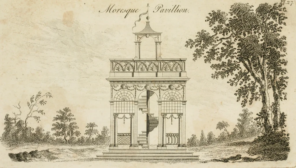An illustration from Grotesque architecture, or, Rural amusement : consisting of plans, elevations, and sections, for huts, retreats, summer and winter hermitages, terminaries, Chinese, Gothic, and natural grottos, cascades, baths, mosques, Moresque pavilions, grotesque and rustic seats, green-houses, &c. many of which may be executed with flints, irregular sotnes, rude branches, and roots of trees : the whole containing twenty-eight new designs, with scales to each : to which is added, an explanation, with the methods of executing them, 1815, leaf 64