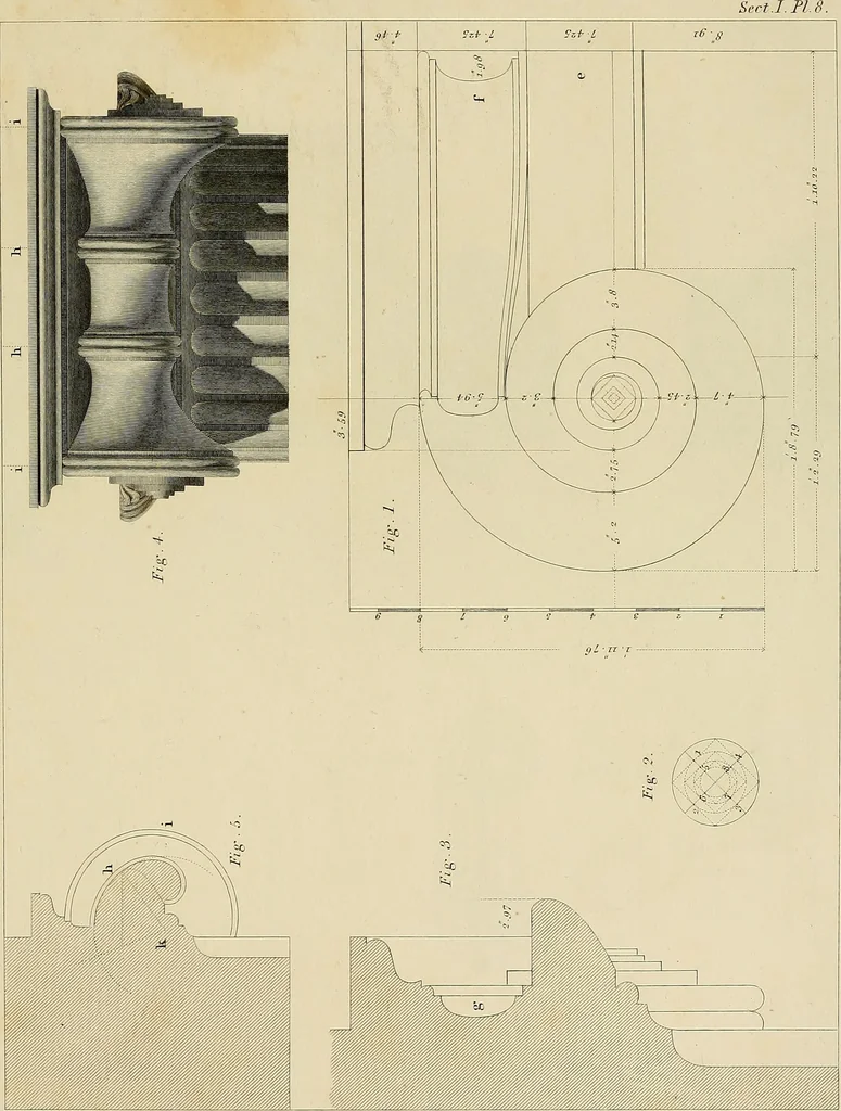 An illustration from The civil architecture of Vitruvius : comprising those books of the author which relate to the public and private edifices of the ancients, 1812, leaf 154