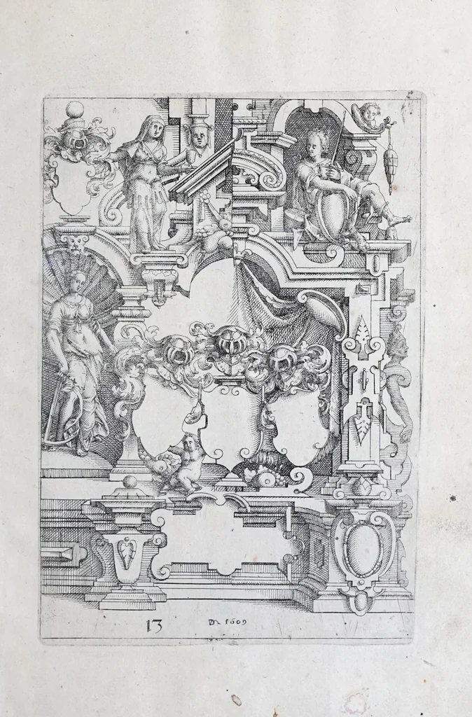 An illustration from Architectvra, oder, Verzeichnuss allerhand Eynfassungen an Thüren, Fenstern vnd Decken : u. sehr nützlich vnnd dienlich allen Mahlern, Bildthawern, Steinmetzen, Schreinern, vnd andern Liebhabern dieser Kunst, 1609, leaf 37