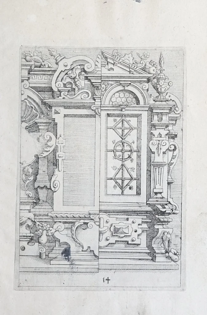 An illustration from Architectvra, oder, Verzeichnuss allerhand Eynfassungen an Thüren, Fenstern vnd Decken : u. sehr nützlich vnnd dienlich allen Mahlern, Bildthawern, Steinmetzen, Schreinern, vnd andern Liebhabern dieser Kunst, 1609, leaf 39