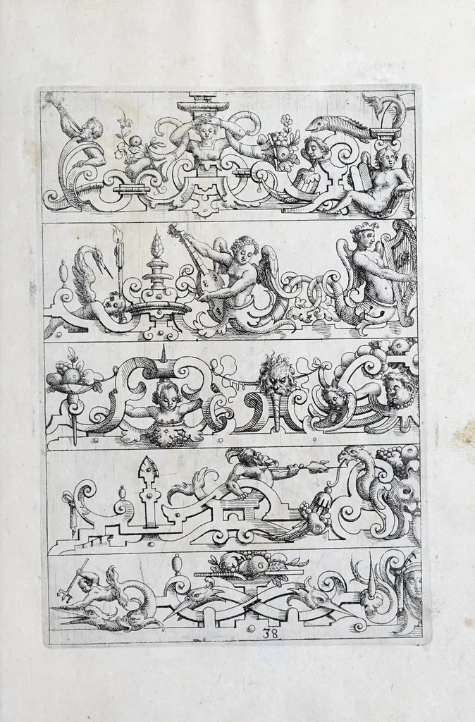 An illustration from Architectvra, oder, Verzeichnuss allerhand Eynfassungen an Thüren, Fenstern vnd Decken : u. sehr nützlich vnnd dienlich allen Mahlern, Bildthawern, Steinmetzen, Schreinern, vnd andern Liebhabern dieser Kunst, 1609, leaf 87