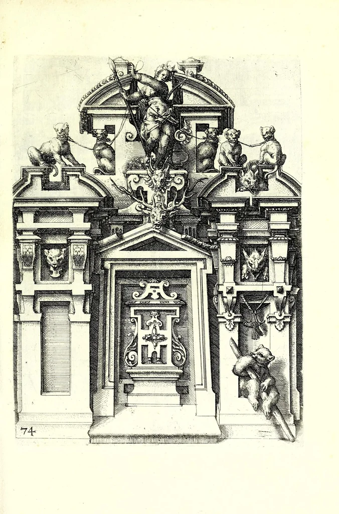 An illustration from Architectvra von Ausstheilung, Symmetria vnd Proportion der fünff Seulen : vnd aller darauss volgender Kunst Arbeit von Fenstern, Caminen, Thürgerichten, Portalen, Bronnen vnd Epitaphien ..., 1598, leaf 151