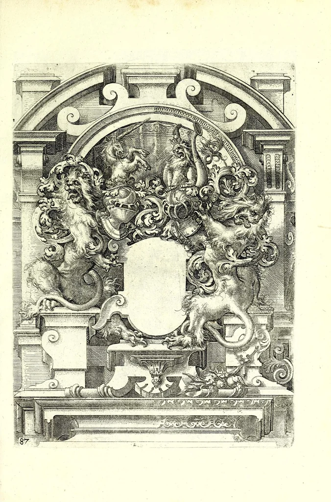 An illustration from Architectvra von Ausstheilung, Symmetria vnd Proportion der fünff Seulen : vnd aller darauss volgender Kunst Arbeit von Fenstern, Caminen, Thürgerichten, Portalen, Bronnen vnd Epitaphien ..., 1598, leaf 177