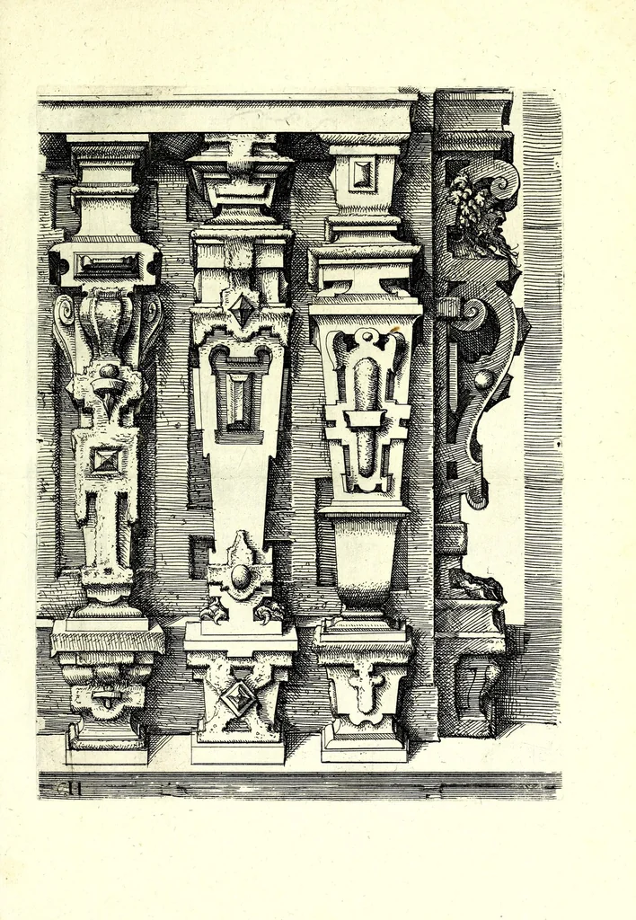 An illustration from Architectvra von Ausstheilung, Symmetria vnd Proportion der fünff Seulen : vnd aller darauss volgender Kunst Arbeit von Fenstern, Caminen, Thürgerichten, Portalen, Bronnen vnd Epitaphien ..., 1598, leaf 25