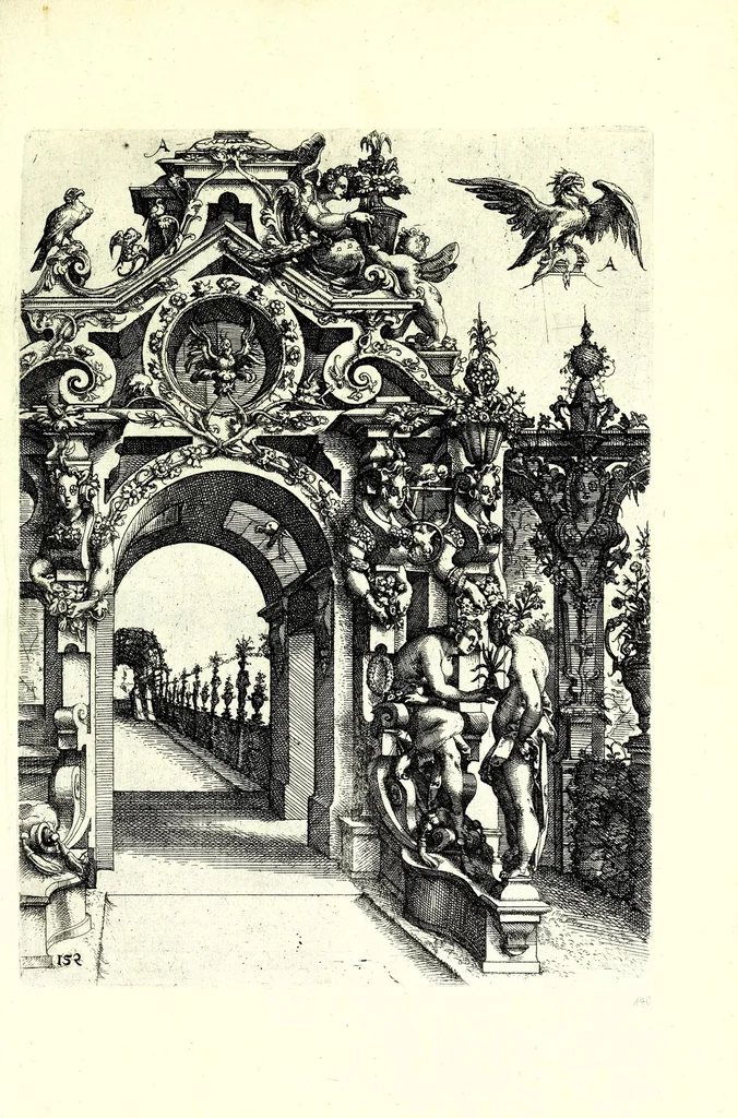 An illustration from Architectvra von Ausstheilung, Symmetria vnd Proportion der fünff Seulen : vnd aller darauss volgender Kunst Arbeit von Fenstern, Caminen, Thürgerichten, Portalen, Bronnen vnd Epitaphien ..., 1598, leaf 307