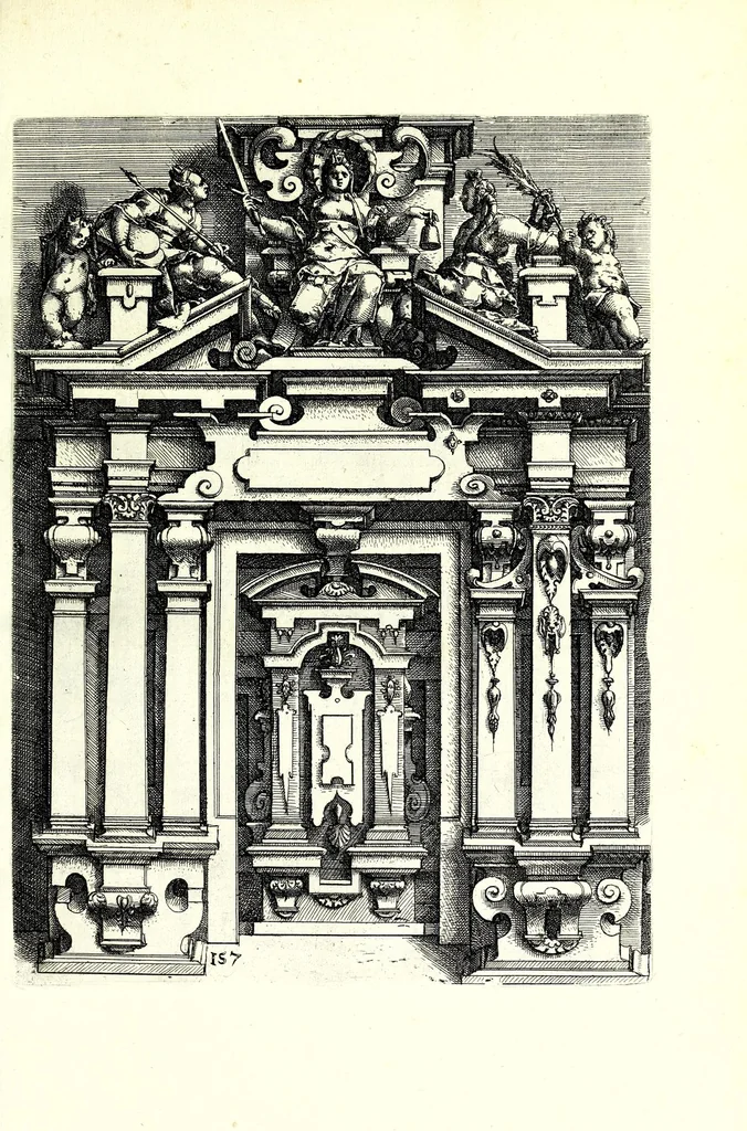An illustration from Architectvra von Ausstheilung, Symmetria vnd Proportion der fünff Seulen : vnd aller darauss volgender Kunst Arbeit von Fenstern, Caminen, Thürgerichten, Portalen, Bronnen vnd Epitaphien ..., 1598, leaf 317