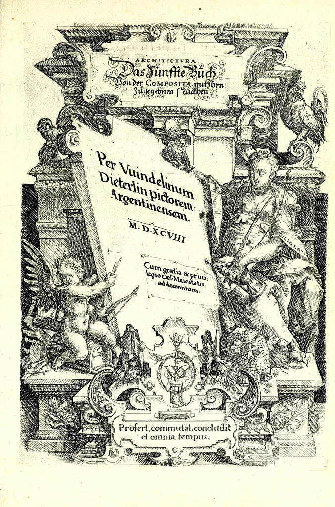 An illustration from Architectvra von Ausstheilung, Symmetria vnd Proportion der fünff Seulen : vnd aller darauss volgender Kunst Arbeit von Fenstern, Caminen, Thürgerichten, Portalen, Bronnen vnd Epitaphien ..., 1598, leaf 351