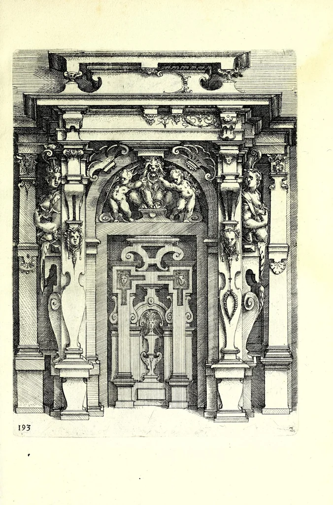 An illustration from Architectvra von Ausstheilung, Symmetria vnd Proportion der fünff Seulen : vnd aller darauss volgender Kunst Arbeit von Fenstern, Caminen, Thürgerichten, Portalen, Bronnen vnd Epitaphien ..., 1598, leaf 389