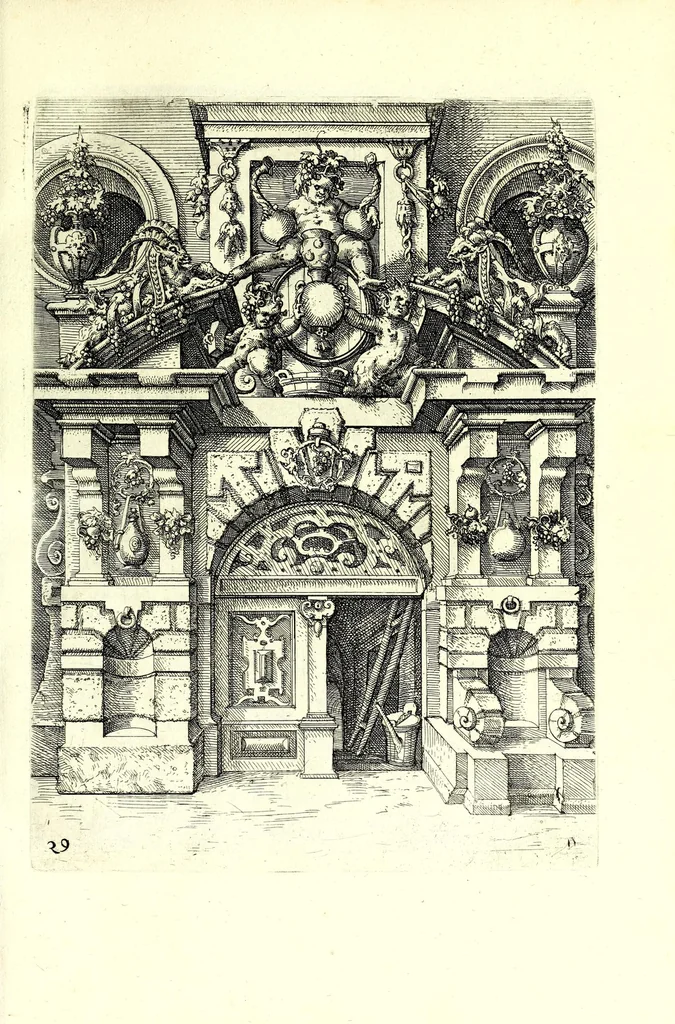 An illustration from Architectvra von Ausstheilung, Symmetria vnd Proportion der fünff Seulen : vnd aller darauss volgender Kunst Arbeit von Fenstern, Caminen, Thürgerichten, Portalen, Bronnen vnd Epitaphien ..., 1598, leaf 61