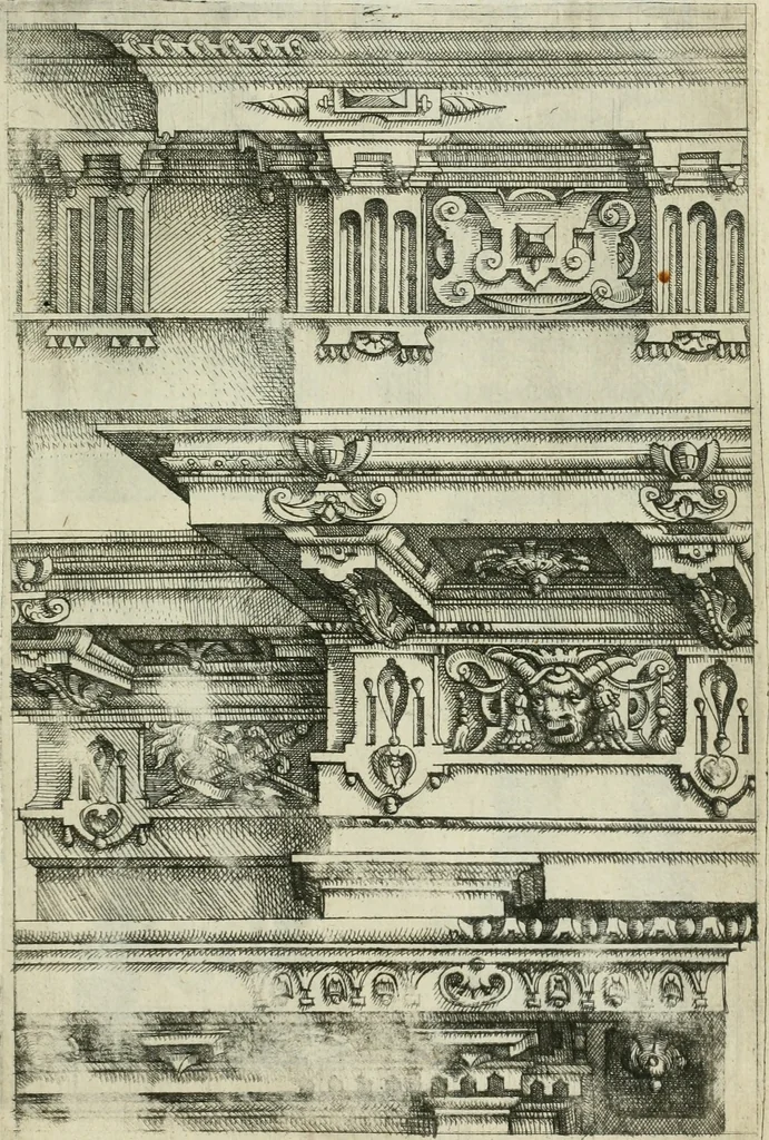 An illustration from Architectvra, vonn Ausstheijlung der fünff Seülen, vnd aller darausz folder Kunst vnd Arbeit von Festern, Camin, Thürgerichten, Portale, Bruñen vnd Epitaphie, 1612, leaf 108