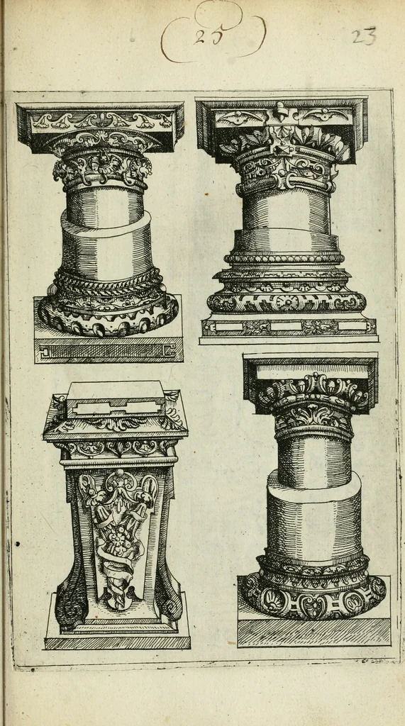An illustration from Architectvra, vonn Ausstheijlung der fünff Seülen, vnd aller darausz folder Kunst vnd Arbeit von Festern, Camin, Thürgerichten, Portale, Bruñen vnd Epitaphie, 1612, leaf 110