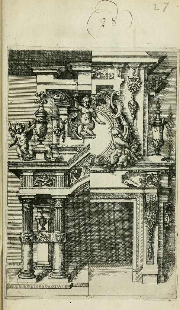 An illustration from Architectvra, vonn Ausstheijlung der fünff Seülen, vnd aller darausz folder Kunst vnd Arbeit von Festern, Camin, Thürgerichten, Portale, Bruñen vnd Epitaphie, 1612, leaf 114