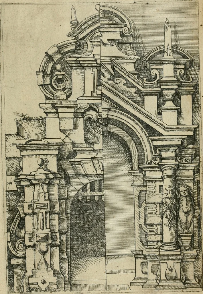 An illustration from Architectvra, vonn Ausstheijlung der fünff Seülen, vnd aller darausz folder Kunst vnd Arbeit von Festern, Camin, Thürgerichten, Portale, Bruñen vnd Epitaphie, 1612, leaf 116