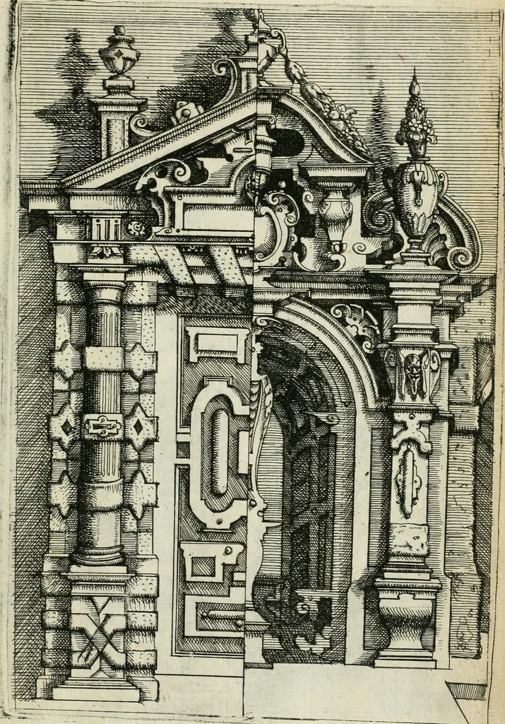 An illustration from Architectvra, vonn Ausstheijlung der fünff Seülen, vnd aller darausz folder Kunst vnd Arbeit von Festern, Camin, Thürgerichten, Portale, Bruñen vnd Epitaphie, 1612, leaf 118