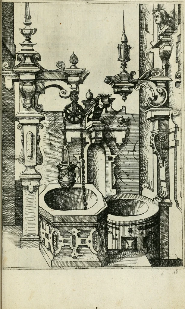 An illustration from Architectvra, vonn Ausstheijlung der fünff Seülen, vnd aller darausz folder Kunst vnd Arbeit von Festern, Camin, Thürgerichten, Portale, Bruñen vnd Epitaphie, 1612, leaf 120