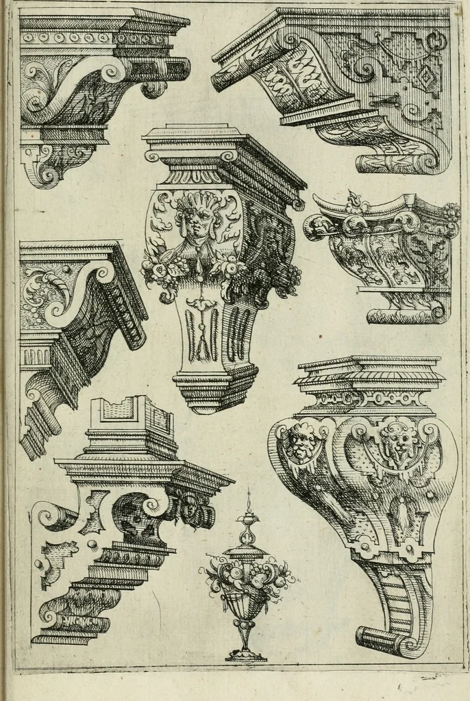 An illustration from Architectvra, vonn Ausstheijlung der fünff Seülen, vnd aller darausz folder Kunst vnd Arbeit von Festern, Camin, Thürgerichten, Portale, Bruñen vnd Epitaphie, 1612, leaf 128