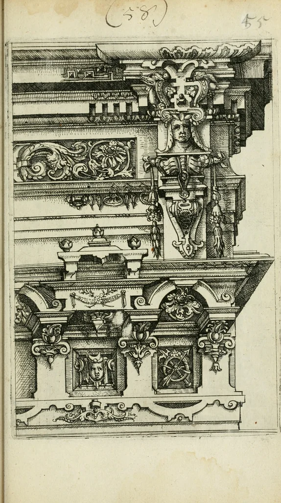 An illustration from Architectvra, vonn Ausstheijlung der fünff Seülen, vnd aller darausz folder Kunst vnd Arbeit von Festern, Camin, Thürgerichten, Portale, Bruñen vnd Epitaphie, 1612, leaf 140