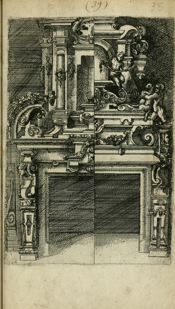 An illustration from Architectvra, vonn Ausstheijlung der fünff Seülen, vnd aller darausz folder Kunst vnd Arbeit von Festern, Camin, Thürgerichten, Portale, Bruñen vnd Epitaphie, 1612, leaf 144