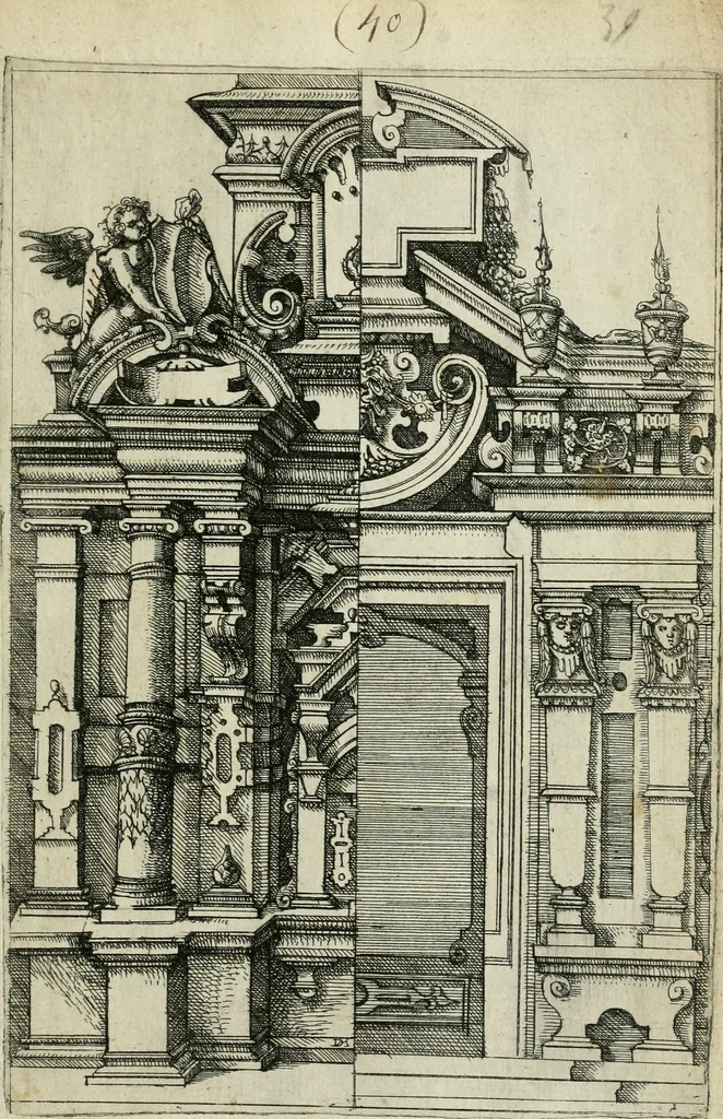 An illustration from Architectvra, vonn Ausstheijlung der fünff Seülen, vnd aller darausz folder Kunst vnd Arbeit von Festern, Camin, Thürgerichten, Portale, Bruñen vnd Epitaphie, 1612, leaf 146