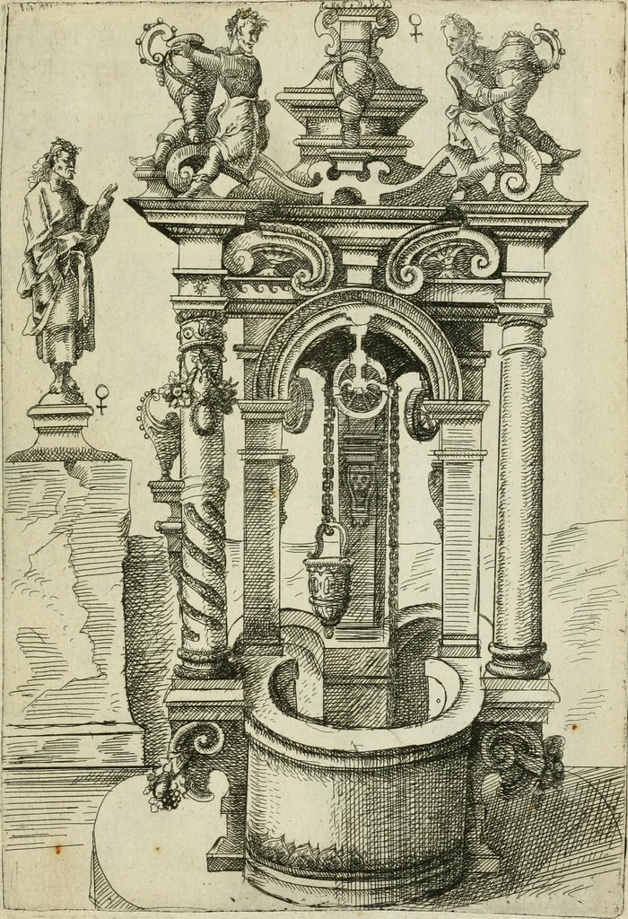 An illustration from Architectvra, vonn Ausstheijlung der fünff Seülen, vnd aller darausz folder Kunst vnd Arbeit von Festern, Camin, Thürgerichten, Portale, Bruñen vnd Epitaphie, 1612, leaf 148