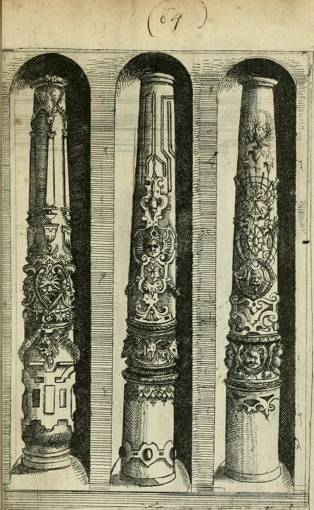 An illustration from Architectvra, vonn Ausstheijlung der fünff Seülen, vnd aller darausz folder Kunst vnd Arbeit von Festern, Camin, Thürgerichten, Portale, Bruñen vnd Epitaphie, 1612, leaf 166