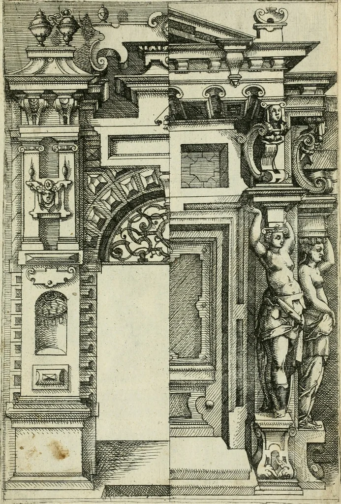 An illustration from Architectvra, vonn Ausstheijlung der fünff Seülen, vnd aller darausz folder Kunst vnd Arbeit von Festern, Camin, Thürgerichten, Portale, Bruñen vnd Epitaphie, 1612, leaf 172