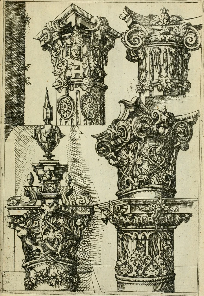 An illustration from Architectvra, vonn Ausstheijlung der fünff Seülen, vnd aller darausz folder Kunst vnd Arbeit von Festern, Camin, Thürgerichten, Portale, Bruñen vnd Epitaphie, 1612, leaf 54