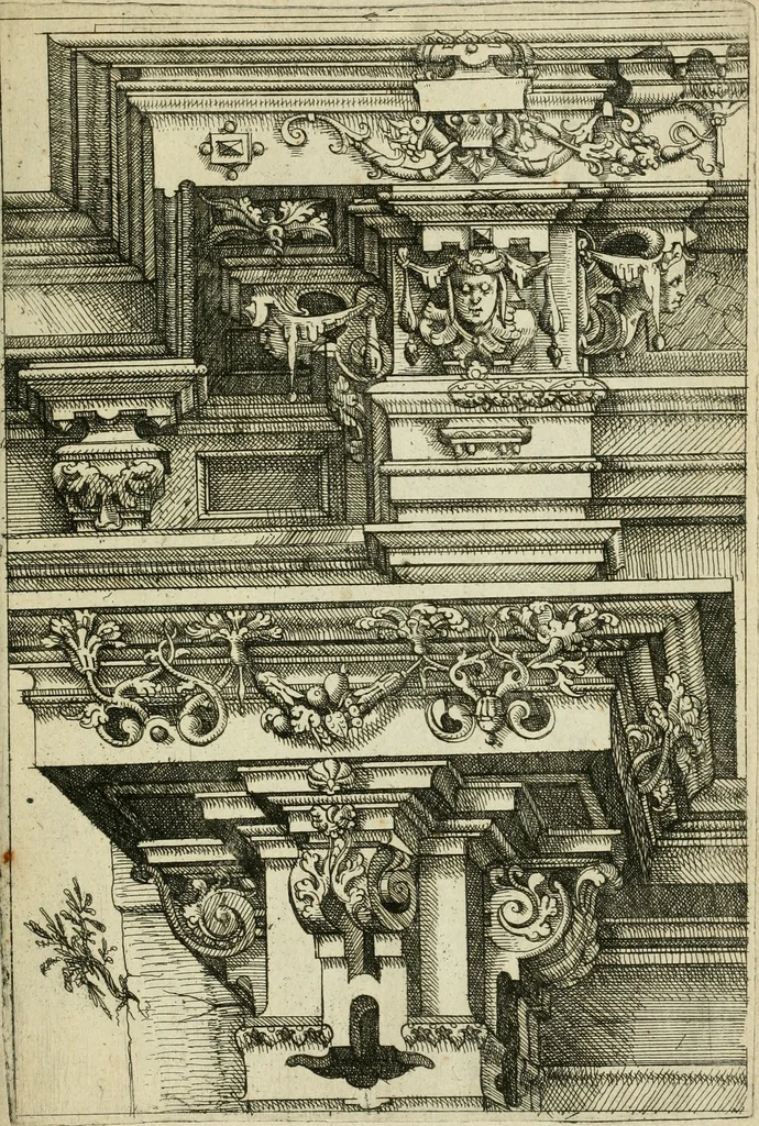 An illustration from Architectvra, vonn Ausstheijlung der fünff Seülen, vnd aller darausz folder Kunst vnd Arbeit von Festern, Camin, Thürgerichten, Portale, Bruñen vnd Epitaphie, 1612, leaf 60