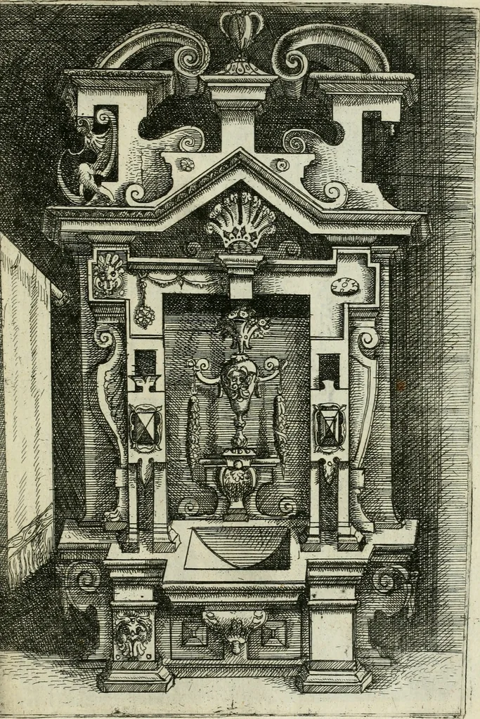 An illustration from Architectvra, vonn Ausstheijlung der fünff Seülen, vnd aller darausz folder Kunst vnd Arbeit von Festern, Camin, Thürgerichten, Portale, Bruñen vnd Epitaphie, 1612, leaf 62