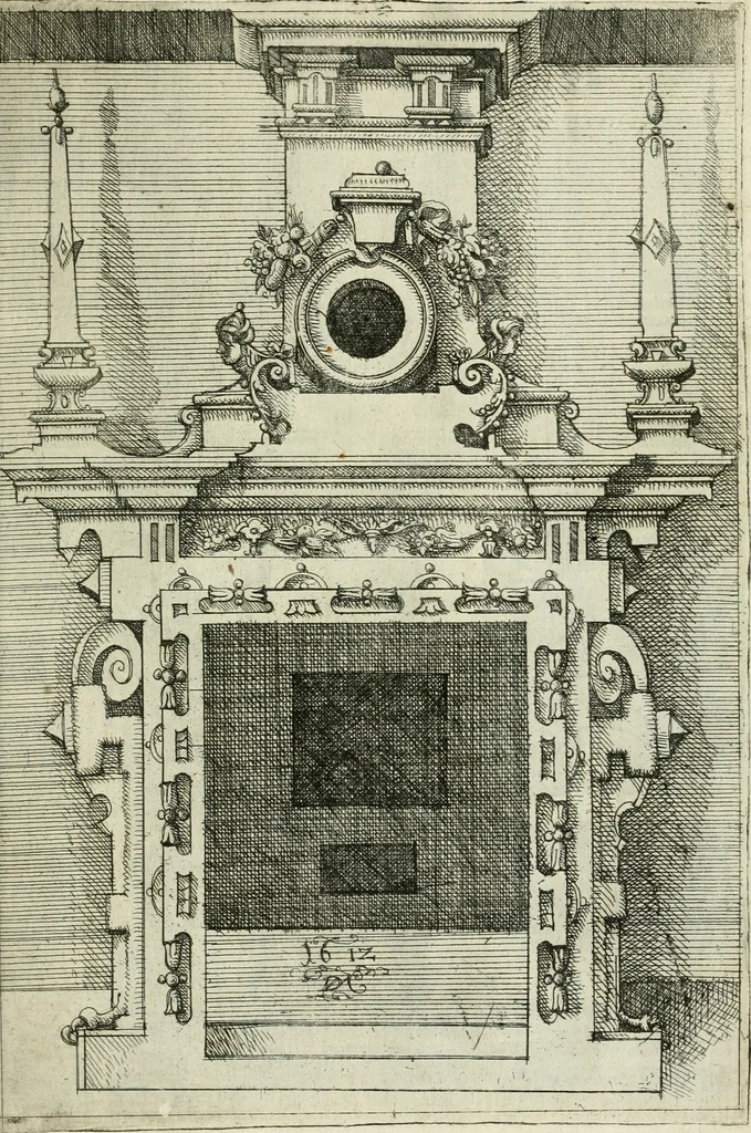 An illustration from Architectvra, vonn Ausstheijlung der fünff Seülen, vnd aller darausz folder Kunst vnd Arbeit von Festern, Camin, Thürgerichten, Portale, Bruñen vnd Epitaphie, 1612, leaf 66