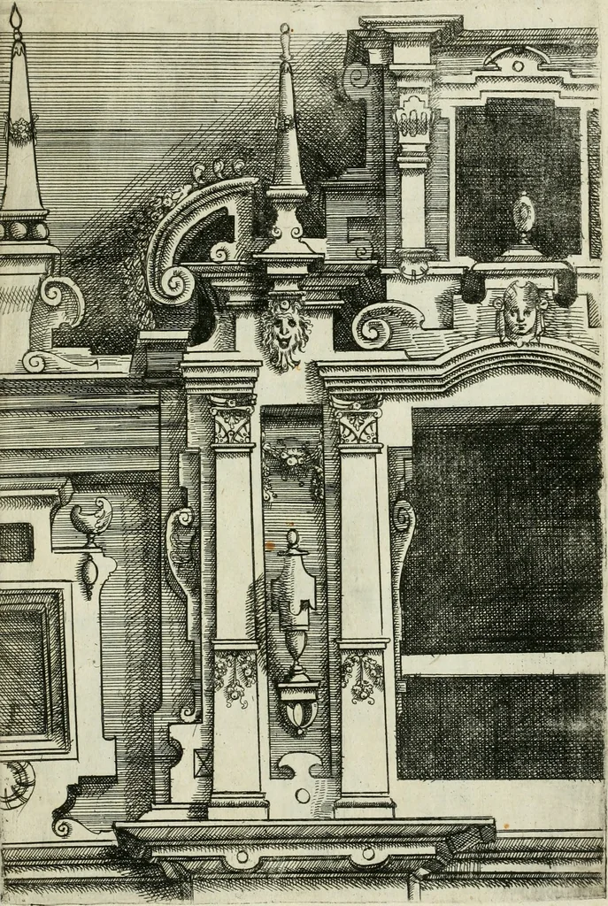 An illustration from Architectvra, vonn Ausstheijlung der fünff Seülen, vnd aller darausz folder Kunst vnd Arbeit von Festern, Camin, Thürgerichten, Portale, Bruñen vnd Epitaphie, 1612, leaf 68