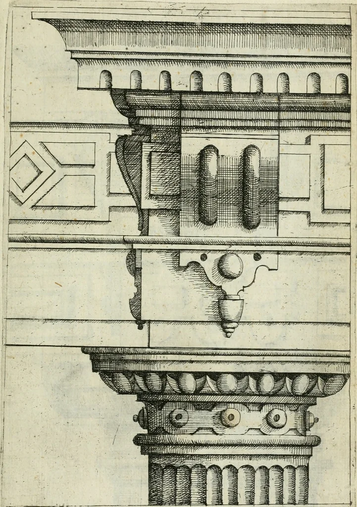 An illustration from Architectvra, vonn Ausstheijlung der fünff Seülen, vnd aller darausz folder Kunst vnd Arbeit von Festern, Camin, Thürgerichten, Portale, Bruñen vnd Epitaphie, 1612, leaf 80