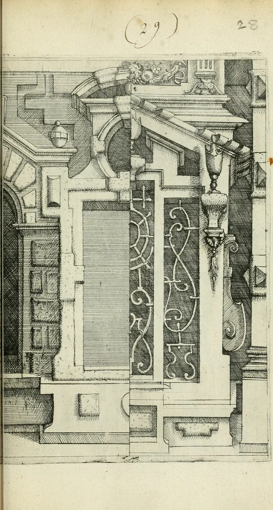 An illustration from Architectvra, vonn Ausstheijlung der fünff Seülen, vnd aller darausz folder Kunst vnd Arbeit von Festern, Camin, Thürgerichten, Portale, Bruñen vnd Epitaphie, 1612, leaf 84