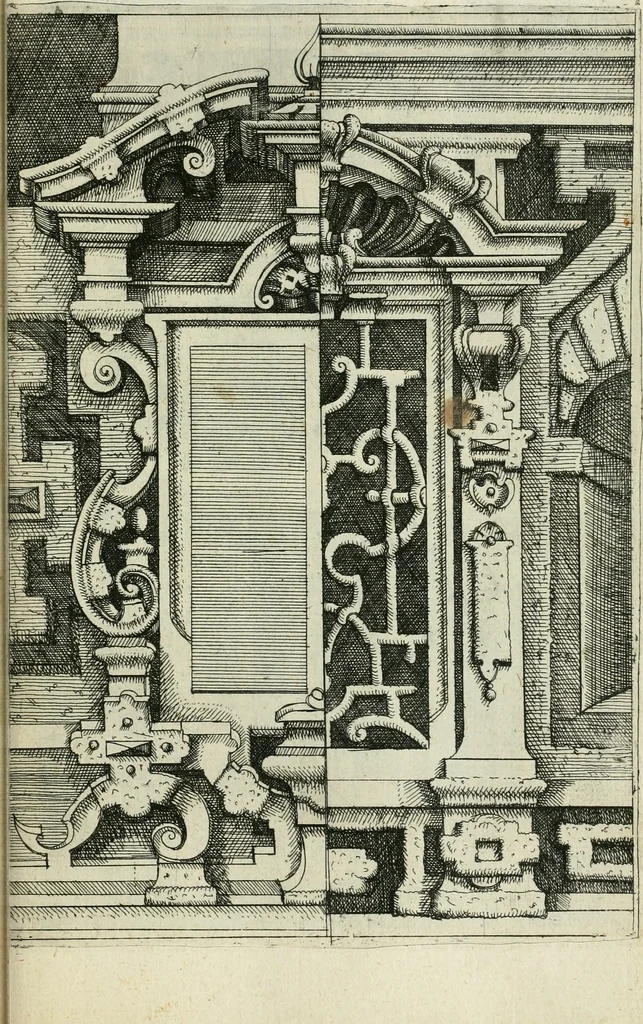 An illustration from Architectvra, vonn Ausstheijlung der fünff Seülen, vnd aller darausz folder Kunst vnd Arbeit von Festern, Camin, Thürgerichten, Portale, Bruñen vnd Epitaphie, 1612, leaf 86